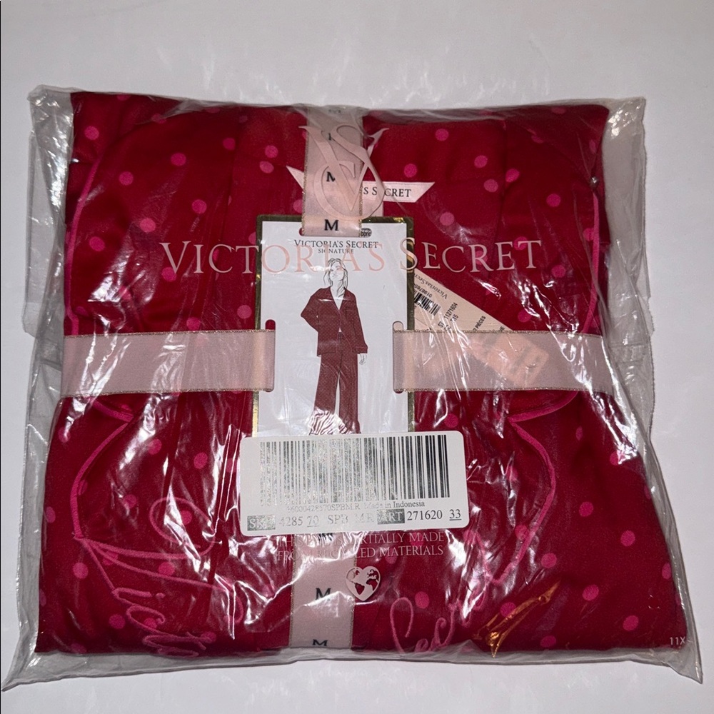 New Victoria's Secret Glazed Satin Pajama Set Red Pink Polka Dots Women’s Size M